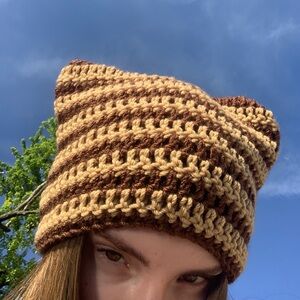 Handmade Crochet Cat Beanie - Brown & Tan